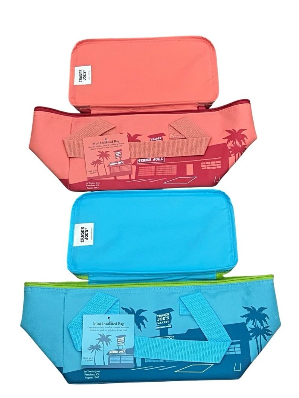 Trader Joe's Lot of 2 Mini–Insulated Bag Reusable Peach Blue 1.5 Gallon Cooler